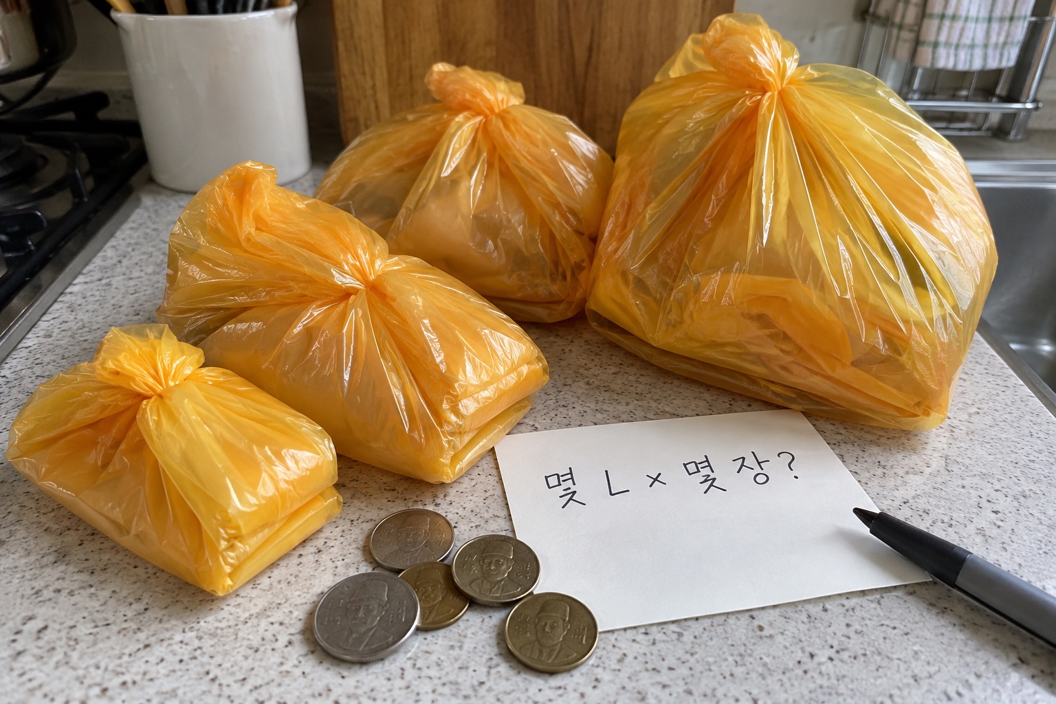 서로 다른 크기의 음식물쓰레기 봉투를 고르는 장면