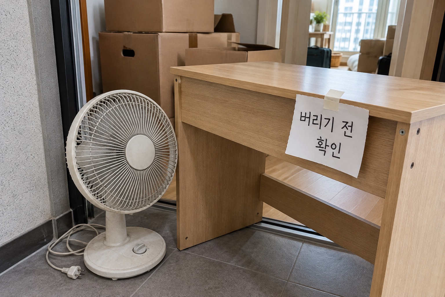 이삿짐 상자 옆에 선풍기와 책상을 모아둔 모습