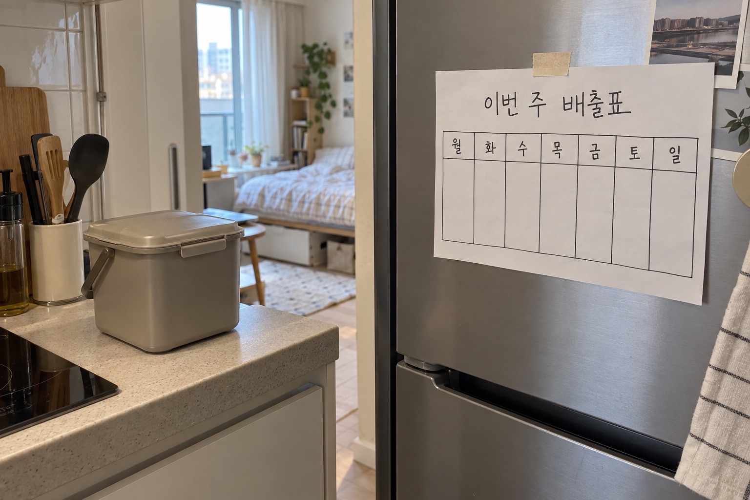 작은 주방의 뚜껑 있는 통과 냉장고에 붙인 빈 한 주 배출표